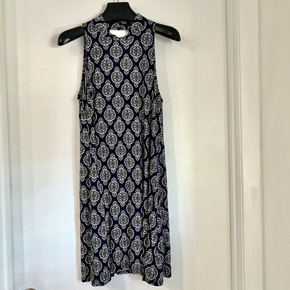 Anthropologie Sadie & Sage Medium Damask Navy Blue Dress High Neck Keyhole Back